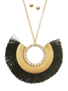 Stylish Fan Shape Rhinestone Thread Tassels Long Necklace and Earring Set